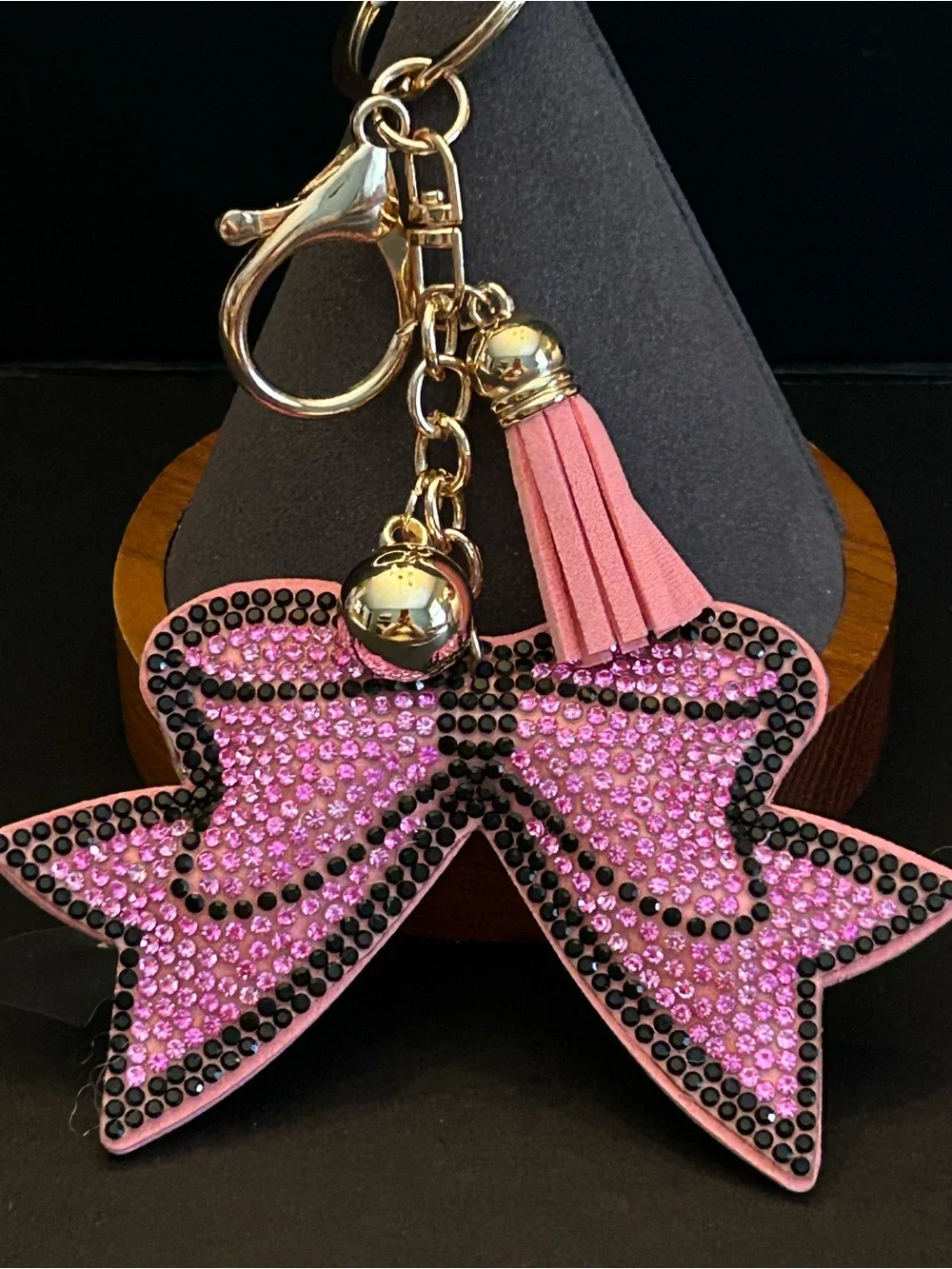 PREMIUM Puffy Pink Crystal Bow Ribbon 🎀 Bag Charm Keychain w/Tassel Gold Clasps
